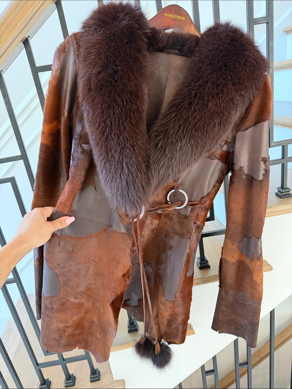 Women genuine pony hair REVERSIBLE 2 tone coat Shearling Coat with Fur Collar - Picture 4 of 13
